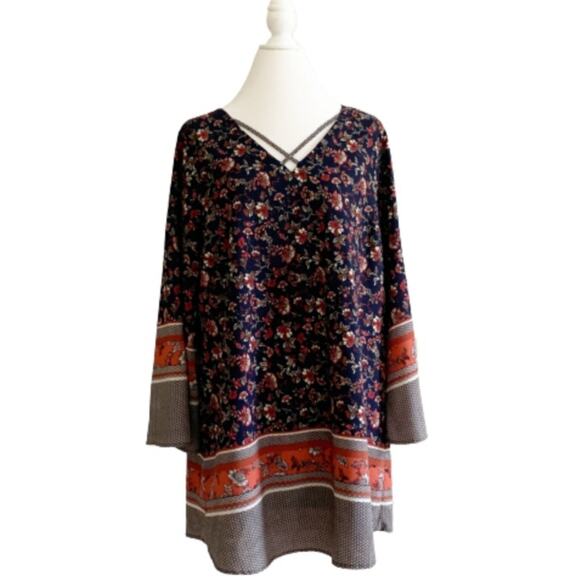 Love Richie Dress Tunic Navy Orange Mixed Floral Print Wide Sleeve Plus Size 1X - Picture 14 of 14
